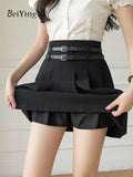 yipinpay Women High Waist Pleated Skirts With Double Belt JK Preppy Style Student Short Mini Skirt Lining Woman's Pleated Skirt