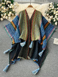 Yipinpay Bohemian Loose Cardigan Bat Cloak Tassel Design Print Fashion Knitted 2024 Autumn Retro Tour Irregular Oversize Coat