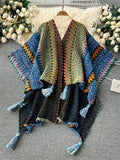 Yipinpay Bohemian Loose Cardigan Bat Cloak Tassel Design Print Fashion Knitted 2024 Autumn Retro Tour Irregular Oversize Coat
