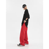 yipinpay Women's Clothing Red Jeans Vintage Casual Straight Self Cultivation Wide Leg Pants High Waist Baggy Denim Trouser Ladies Summer
