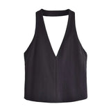 Yipinpay Black White Halter Top Female Tied Backless Crop Top Women Blue Sleeveless Sexy Tops Woman Fashion Off Shoulder Summer Tops