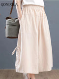 Yipinpay Summer Cotton Linen Oversized Loose Women's Pants Bloomers Wide-leg Pants Flares Elastic Waist Ladies Cropped Skirt Pants