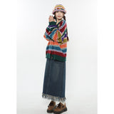 yipinpay Women Blue Denim Half Body Skirt Tassels Bottoms High Waist Casual Korean Mid Length Skirt Baggy Vintage Female Long Skirt