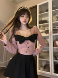 Yipinpay Autumn 2 Piece Dress Set Woman Bow Long Sleeve Short Cardgian + Pure Color Casual Mini Skirt Elegant Korean Suit Female