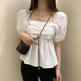 Yipinpay Blue Square Casual Loose Short Sleeve Shirts Pleated Blusa Feminina Puff White Doll T-shirts Y2k Shirts for Women New