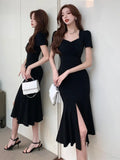 Yipinpay Temperament Dresses Women Square Collar Split Solid French Style Chic Slim Stretch Sexy Dress Spring Female Casual