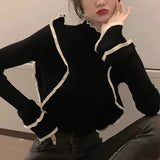 Yipinpay for Women 2023 Aesthetic Clothes Grunge Fungus Sweaters Y2k Graphic T Shirts Knitted Sleeve Black Tshirt Bottom Slim