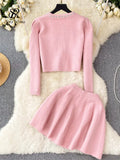 Yipinpay Japan Style Pearls Knit Suits Hidden Breasted Pockets Cardigan+Mini Pleated A Line Skirt Women Sweet Streetwear Sets