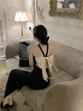 Yipinpay Dresses Women Backless Bow French Style Sleeveless Slim Stretch Halter Slash Neck Hollow Out Vintage Sexy Elegant Dress