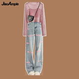 Yipinpay Women's 2024 Summer New Jeans Matching Set Korean Elegant Strap Blouse Letter Denim Pants Three Piece Female Chic Trousers Suit