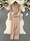 Yipinpay Streetwear Knit Split Dress O Neck Long Sleeves Slim Fit France Elegent Ladies Autumn Evening Party Bodycon Long Dress