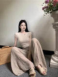 Yipinpay Hot Girl Casual Suit Women's Spring Short-sleeved Knitted Top High Waist Wide Leg Pants 2-piece Set Fashion Female Clothes
