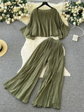 Yipinpay Senior Pleated Suits Long Flare Sleeves Ruched Top+High Waist Wide Legs Pants Female 2024 Autumn Solid Streetwear Sets