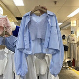 Yipinpay Crop Camisole Tank Tops 2 Piece Sets Blue Long Sleeve Shirt Women Casual Pleated Spring Blouse Wild White Shirt