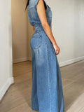 Yipinpay Women's Denim Romper Spring Summer Sleeveless Lapel Loose Comfortable Solid Color Ladies One-Piece Wide Leg Pants