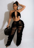 Yipinpay Women's Sexy Solid Color Fringe Knitted Halter Cup Cover And Cutout Trousers Two-Piece Set Summer Fashion Trend Trouser Suit