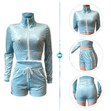 Yipinpay Top Velvet Tracksuit Two Piece Sets Women Summer Biker Shorts Set Long Sleeve Side Stripes Slim Fit Casual Suits