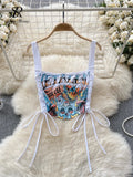 Yipinpay Hotsweet Graffiti Crop Tops Strap Backless Lace Up 2024 American Streetwear Slim Fit Bodycon Cartoon Y2k Mini Camis