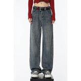yipinpay Women Blue Jeans Color Contrast Vintage American Fashion Streetwear Wide Leg Jean Female Baggy Trouser Straight Denim Pants