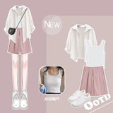 Yipinpay Women's Tracksuit Suit 2024 Summer New Casual Sunscreen Shirt Top Vest Shorts Three Piece Korean Chic Blouse Pants Matching Set