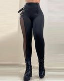 Yipinpay women fashion 2023 new Mesh Patch Buckled High Waist casual Pants sexy Skinny Daily women's bottom new fashion