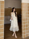 Yipinpay Elegant Dresses Women Vintage Embroidery Floral French Style Sleeveless Halter Loose Patchwork Sweet Fashion Dress