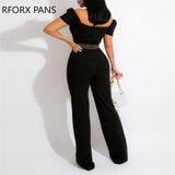 Yipinpay Women Elegant Casual Geo Print Short Puff Sleeves Sexy Straight Working Jumpsuit