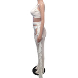 Yipinpay Hollow-Out Sexy Women's Solid Color Mesh Nail Beaded Wooden Ear Edge Three-Piece Set Fashion See Through Suit