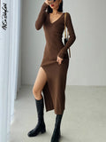 yipinpay Sleeve Midi Dress Woman V Neck Knitted Dresses Solid Autumn Winter High Slit Bodycon Dress Y2k Fashion Khaki Sweater Dress