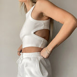 Yipinpay Women Casual Tank Crop Tops T-shirts Solid Color Hollow-Out Back Slim-Fit Sleeveless Crop Tops Women's Clothes