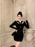 Yipinpay Sexy Dresses Women Fashion Long Sleeve Hollow Out Slim Black Elegant Dress Ladies Party Vintage Temperament Chic Vestido