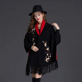 Yipinpay Winter Can Wear Shawl Scarf Dual-use Embroidery With Sleeves Wool Cashmere Thick Tassel Cloak Female