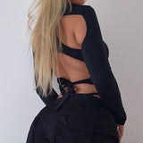 Yipinpay Chic Black Y2K Bodysuits Women Slim Jumpsuit Long Sleeve High Neck Sheer Mesh Irregular Cutout Bodysuit For Party Club