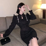 Yipinpay Style Retro Long Sleeve Black Jacquard Cheongsam Mermaid Dress Women Mini Vestido De Mujer Fashion Hollow Sexy Ruffle