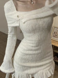 Yipinpay French Elegaant Y2k Mini Dress Women Slim Bodycon Long Sleeve Dress Fur Warm One Piece Dress Korean Fashion 2024 Spring