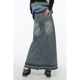 yipinpay Women Blue Denim Half Body Skirt Gradient High Waist Tassels Casual Korean Mid Length Bottoms Baggy Vintage Female Long Skirt