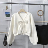Yipinpay Elegant Cardigan Women Bow Bandage V Neck Autumn Single Breasted Sweet Cropped Sweater Outwear Loose Ladies