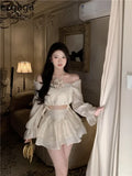 Yipinpay Two Piece Set Women Slash Neck Drawstring Flower Blouse Halter Shirts High Waist Puffy Layered Mini Skirts Solid Crop Top