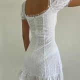 Yipinpay Womens Summer Sweet Dress Short Puff Sleeve Scoop Neck Floral Jacquard Patchwork Cross Tie-Up Mini Short Sundress