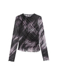 Yipinpay Fashion 2023 Spring Autumn Ladies Tulle Printed Sets Folds O-Neck Top A-Line Mid-Calf Skirts Long Sleeve Casual Suits