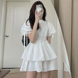 Yipinpay Dresses Woemn Lace Up Ruffles Patchwork Puff Short Sleeve Solid Korean Fashion Spring Summer Ladies Dress Casual