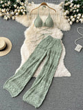 Yipinpay Women Summer Knitted Set Halter Short Tops+ Hollow Wide Leg Long Pants Sets Shell Beach Sexy Backless Two Piece Suits