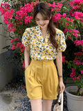 Yipinpay Summer Small Cute Sweet Floral Women's Shorts Sets Fashion Loose Bubble Short Puff Sleeve Shirt+wide Leg Shorts 2-piece Set 0406