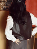Yipinpay V-neck Leather Vest Women Korean Fashion Cropped Streetwear Vest Leather Vintage Casual Sleeveless Leather Outwear 2023 New