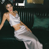 Yipinpay Backless Womens Long Skirt Set Sleeveless Halter Shiny Rhinestone Tops + High Waist Long Skirt Party Set Club Street Style