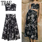 Yipinpay Print Black Long Skirts For Women Fashion 2023 High Waist Midi Skirt Sets Cape Style Beach Summer Skirt Woman Pleated Skirt
