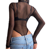 Yipinpay Lapel Bodysuits Night Club Transparent Shirt Fall 2023 Women Solid Color Mesh Perspective Long Sleeve Half Zipper Tops