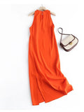 Yipinpay New Fashion Women Sleeveless O Neck Linen Long Dress Sexy Side Slits Ladies Casual Summer Dresses