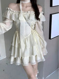 Yipinpay Sleeve Elegant Mini Dress Lolita Pure Color Short Party Dress Woman Casual 2024 Spring Sweet One Piece Dress Korean Fashion