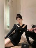 Yipinpay Sexy Dresses Women Fashion Long Sleeve Hollow Out Slim Black Elegant Dress Ladies Party Vintage Temperament Chic Vestido